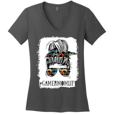 Messy Bun Life Of A Gamer Mom Mothers Day Gaming Mother Women's V-Neck T-Shirt