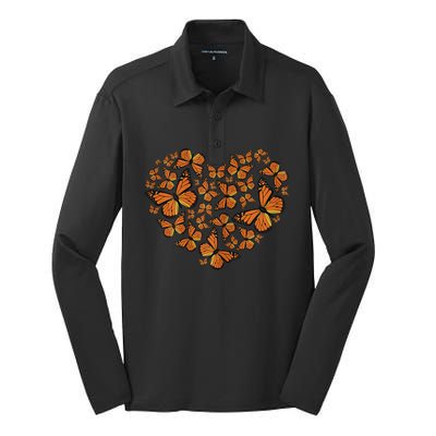 Monarch Butterfly Love Heart Silk Touch Performance Long Sleeve Polo