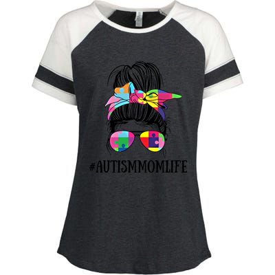 Messy Bun Life Of A Proud Autism Mom Mother's Day Awareness Cute Gift Enza Ladies Jersey Colorblock Tee