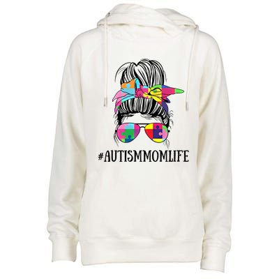 Messy Bun Life Of A Proud Autism Mom Mother's Day Awareness Cute Gift Womens Funnel Neck Pullover Hood