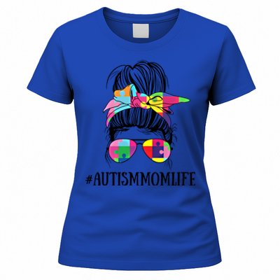 Messy Bun Life Of A Proud Autism Mom Mother's Day Awareness Cute Gift Women's T-Shirt