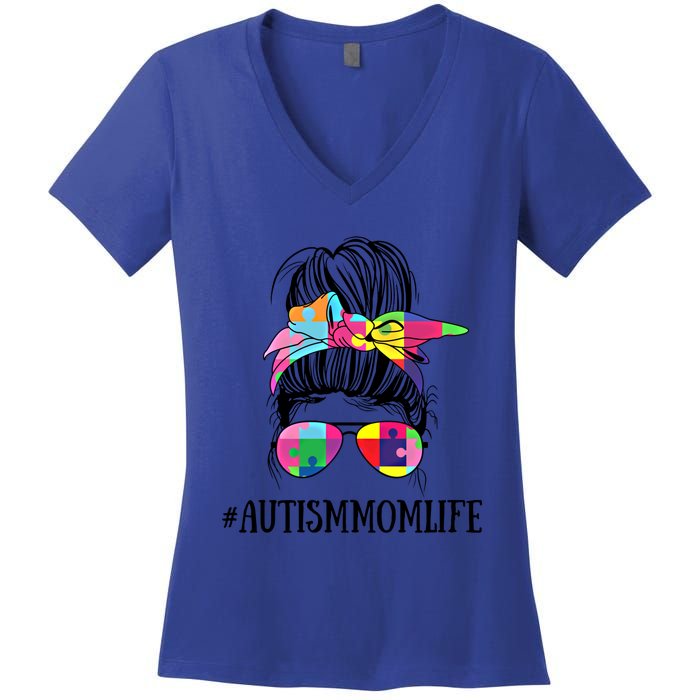 Messy Bun Life Of A Proud Autism Mom Mother's Day Awareness Cute Gift Women's V-Neck T-Shirt