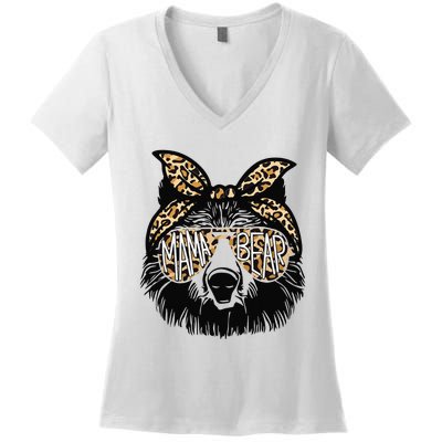 Mama Bear Leopard Bandana Sunglasses Mother's Day Gift Women's V-Neck T-Shirt