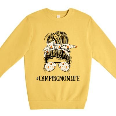 Messy Bun Life Of A Camping Mom Mother's Day Camper Queen Gift Premium Crewneck Sweatshirt