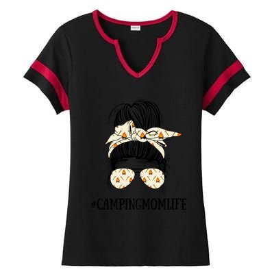 Messy Bun Life Of A Camping Mom Mother's Day Camper Queen Gift Ladies Halftime Notch Neck Tee