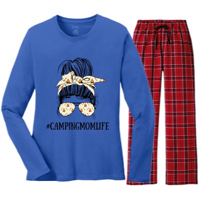 Messy Bun Life Of A Camping Mom Mother's Day Camper Queen Gift Women's Long Sleeve Flannel Pajama Set 