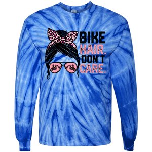 Messy Bun Mother's Day Biker Hair Don't Care For Bike Lovers Cute Gift Tie-Dye Long Sleeve Shirt