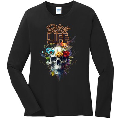 Motorcyclist biker motorcycle skull design Ladies Long Sleeve Shirt