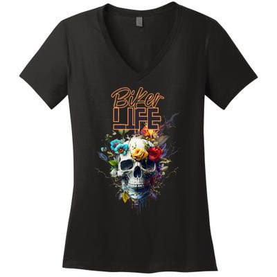 Motorcyclist biker motorcycle skull design Women's V-Neck T-Shirt