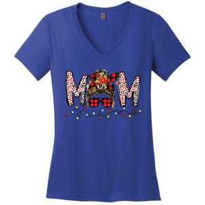 Messy Bun Mom Santa Christmas Family Mama Xmas Mother Great Gift Women's V-Neck T-Shirt