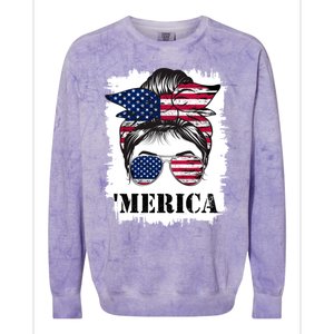 Messy Bun Merica Sunglasses 4th Of July Usa Flag Colorblast Crewneck Sweatshirt