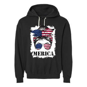 Messy Bun Merica Sunglasses 4th Of July Usa Flag Garment-Dyed Fleece Hoodie