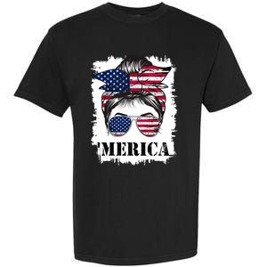 Messy Bun Merica Sunglasses 4th Of July Usa Flag Garment-Dyed Heavyweight T-Shirt