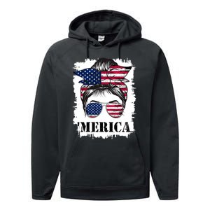 Messy Bun Merica Sunglasses 4th Of July Usa Flag Performance Fleece Hoodie