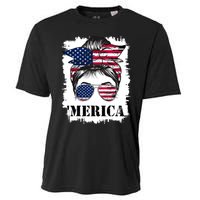 Messy Bun Merica Sunglasses 4th Of July Usa Flag Cooling Performance Crew T-Shirt