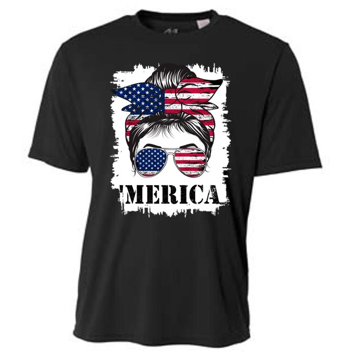 Messy Bun Merica Sunglasses 4th Of July Usa Flag Cooling Performance Crew T-Shirt