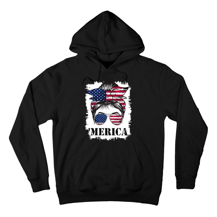 Messy Bun Merica Sunglasses 4th Of July Usa Flag Hoodie