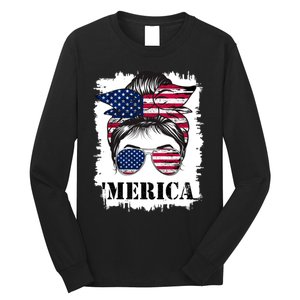 Messy Bun Merica Sunglasses 4th Of July Usa Flag Long Sleeve Shirt