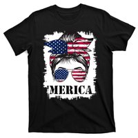 Messy Bun Merica Sunglasses 4th Of July Usa Flag T-Shirt