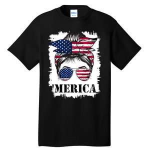 Messy Bun Merica Sunglasses 4th Of July Usa Flag Tall T-Shirt