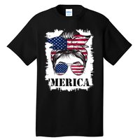 Messy Bun Merica Sunglasses 4th Of July Usa Flag Tall T-Shirt