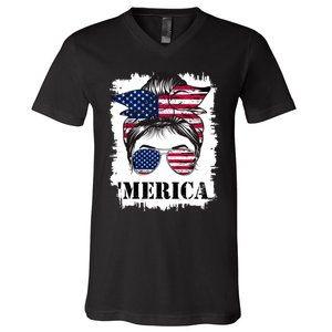 Messy Bun Merica Sunglasses 4th Of July Usa Flag V-Neck T-Shirt