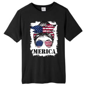 Messy Bun Merica Sunglasses 4th Of July Usa Flag Tall Fusion ChromaSoft Performance T-Shirt