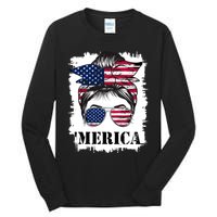 Messy Bun Merica Sunglasses 4th Of July Usa Flag Tall Long Sleeve T-Shirt