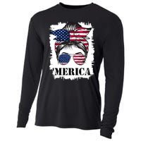 Messy Bun Merica Sunglasses 4th Of July Usa Flag Cooling Performance Long Sleeve Crew