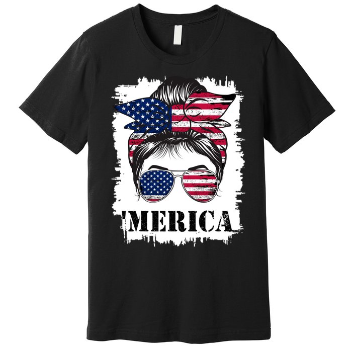 Messy Bun Merica Sunglasses 4th Of July Usa Flag Premium T-Shirt