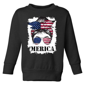 Messy Bun Merica Sunglasses 4th Of July Usa Flag Toddler Sweatshirt