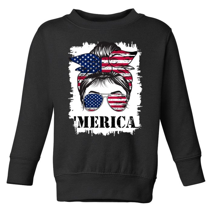 Messy Bun Merica Sunglasses 4th Of July Usa Flag Toddler Sweatshirt