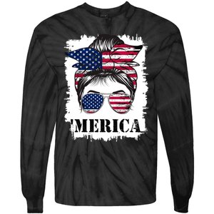 Messy Bun Merica Sunglasses 4th Of July Usa Flag Tie-Dye Long Sleeve Shirt