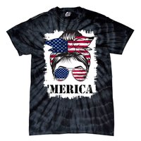 Messy Bun Merica Sunglasses 4th Of July Usa Flag Tie-Dye T-Shirt