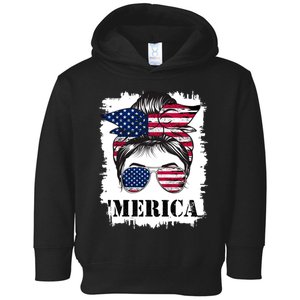 Messy Bun Merica Sunglasses 4th Of July Usa Flag Toddler Hoodie