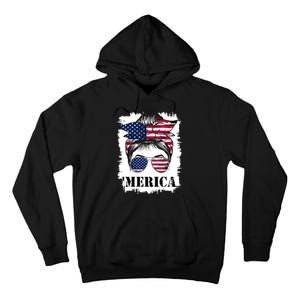 Messy Bun Merica Sunglasses 4th Of July Usa Flag Tall Hoodie