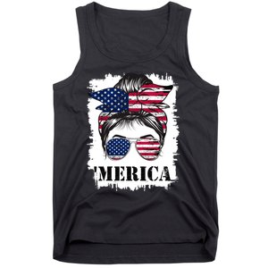 Messy Bun Merica Sunglasses 4th Of July Usa Flag Tank Top