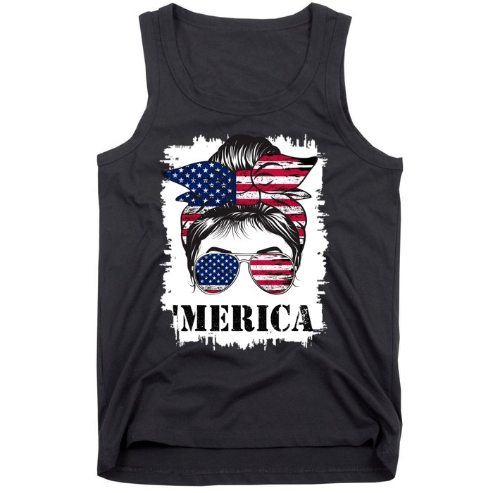 Messy Bun Merica Sunglasses 4th Of July Usa Flag Tank Top