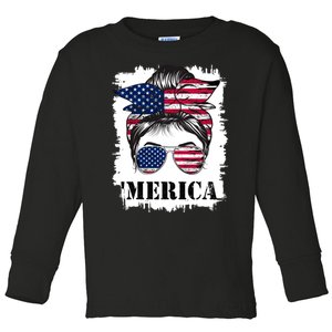 Messy Bun Merica Sunglasses 4th Of July Usa Flag Toddler Long Sleeve Shirt