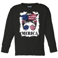 Messy Bun Merica Sunglasses 4th Of July Usa Flag Toddler Long Sleeve Shirt