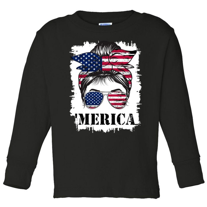 Messy Bun Merica Sunglasses 4th Of July Usa Flag Toddler Long Sleeve Shirt