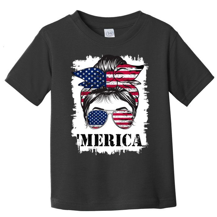 Messy Bun Merica Sunglasses 4th Of July Usa Flag Toddler T-Shirt