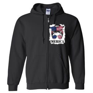 Messy Bun Merica Sunglasses 4th Of July Usa Flag Full Zip Hoodie