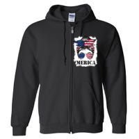 Messy Bun Merica Sunglasses 4th Of July Usa Flag Full Zip Hoodie