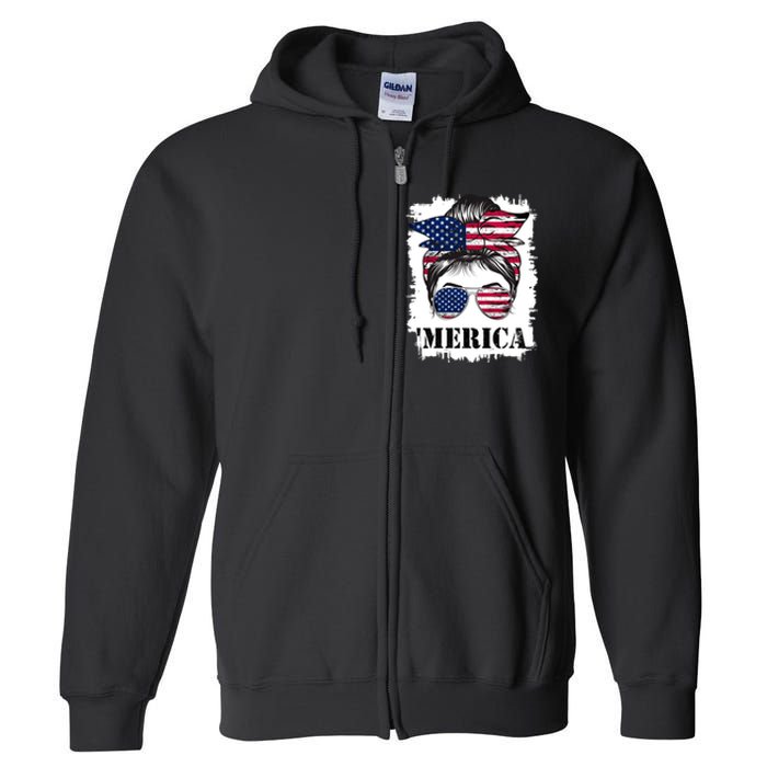 Messy Bun Merica Sunglasses 4th Of July Usa Flag Full Zip Hoodie