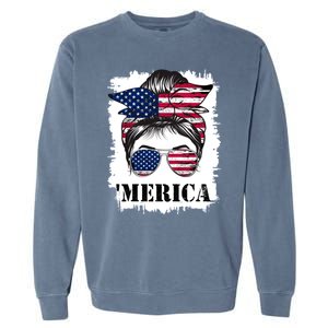 Messy Bun Merica Sunglasses 4th Of July Usa Flag Garment-Dyed Sweatshirt