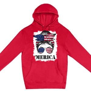 Messy Bun Merica Sunglasses 4th Of July Usa Flag Premium Pullover Hoodie