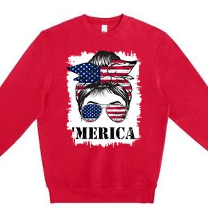 Messy Bun Merica Sunglasses 4th Of July Usa Flag Premium Crewneck Sweatshirt