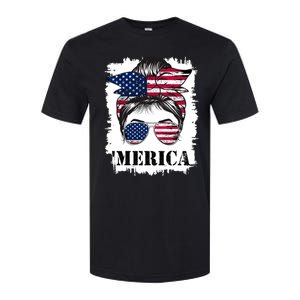 Messy Bun Merica Sunglasses 4th Of July Usa Flag Softstyle CVC T-Shirt