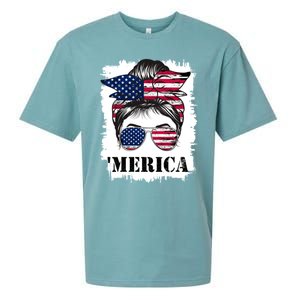 Messy Bun Merica Sunglasses 4th Of July Usa Flag Sueded Cloud Jersey T-Shirt